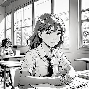 MyEdit AI 画像生成 スタイル漫画 学校の机に座っている女子高校生 生成その3画像