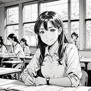 MyEdit　AI 画像生成 スタイル漫画 学校の机に座っている女子高校生 生成その2画像