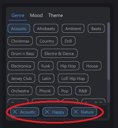 PowerDirector 音声編集 AI 音楽生成 カテゴリー選択画面