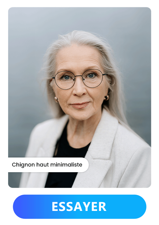 Coupes de cheveux pour femme de 60 ans avec lunettes - Chignon haut minimaliste