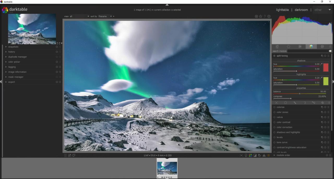 Interface du logiciel de retouche photo Darktable