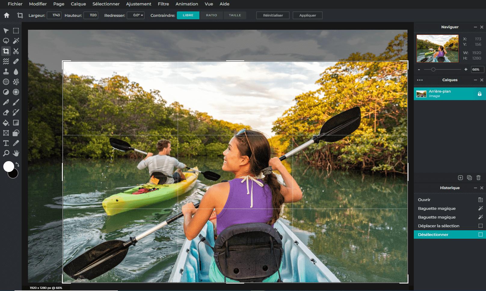 Interface du logiciel de retouche photo Pixlr