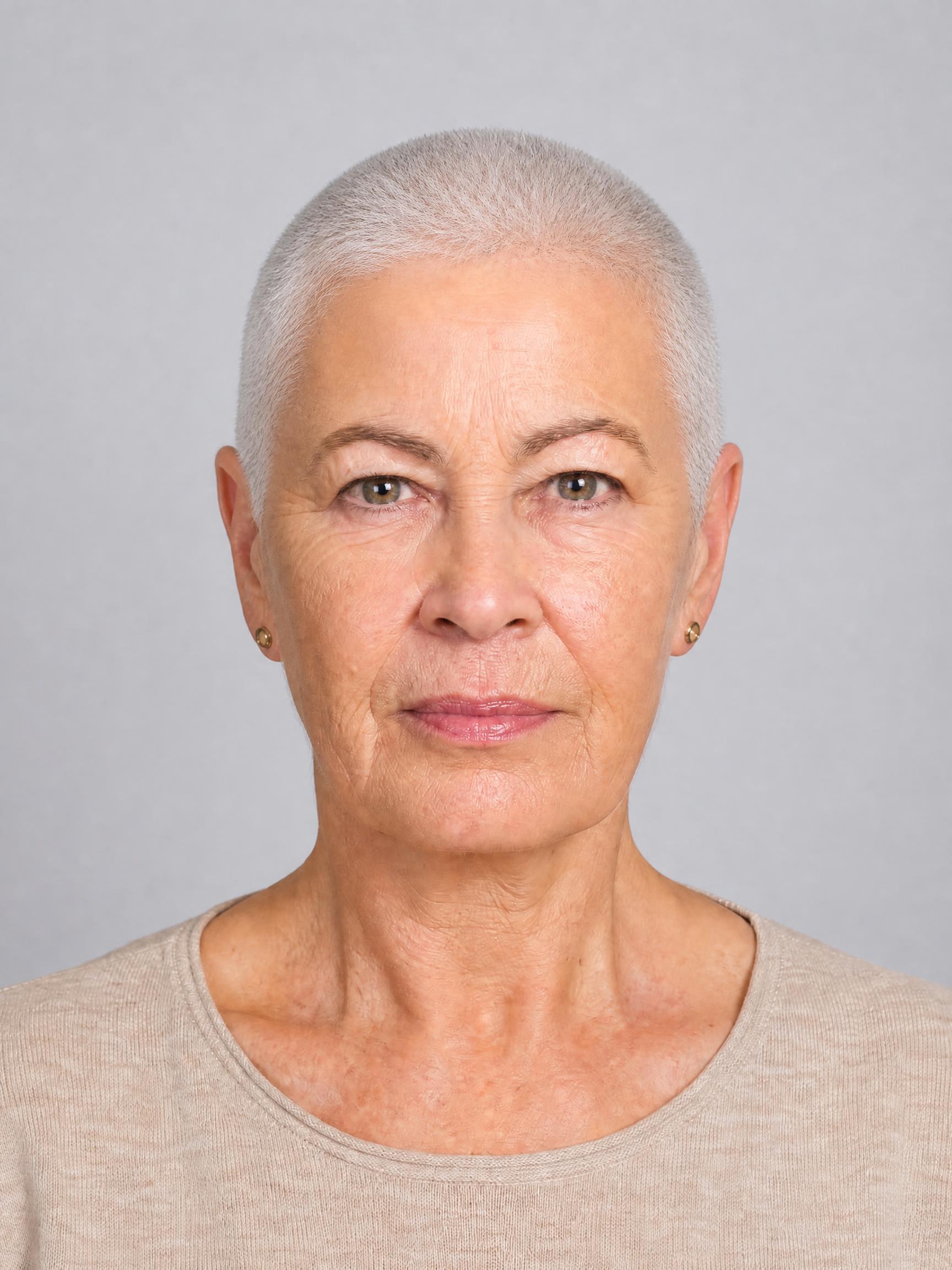 Mujer de unos 60 años con buzz cut al ras en cabello blanco natural, pómulos y estructura ósea a la vista