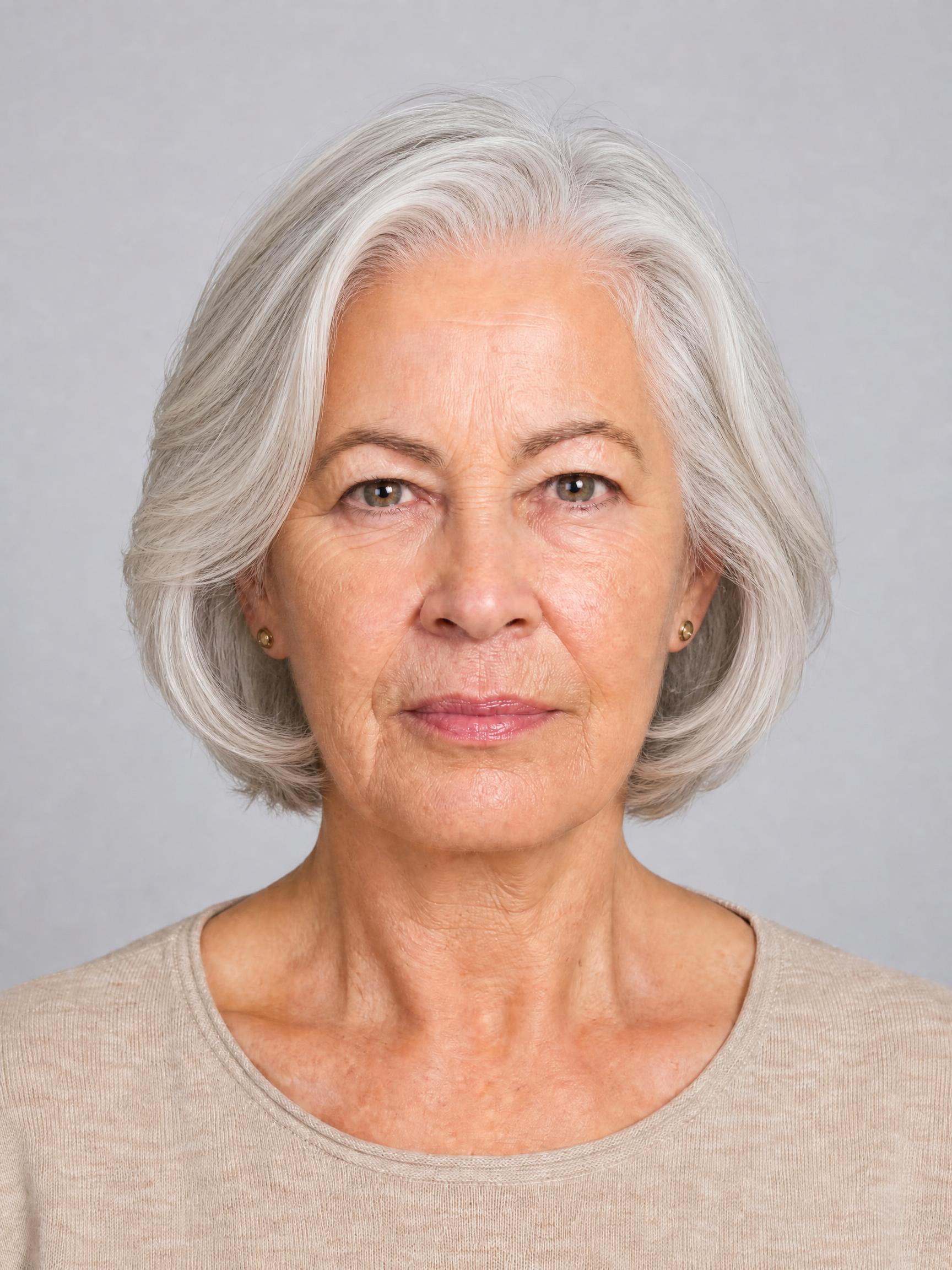 Mujer de unos 60 años con bob en capas en cabello blanco, capas internas que crean volumen y movimiento alrededor del rostro