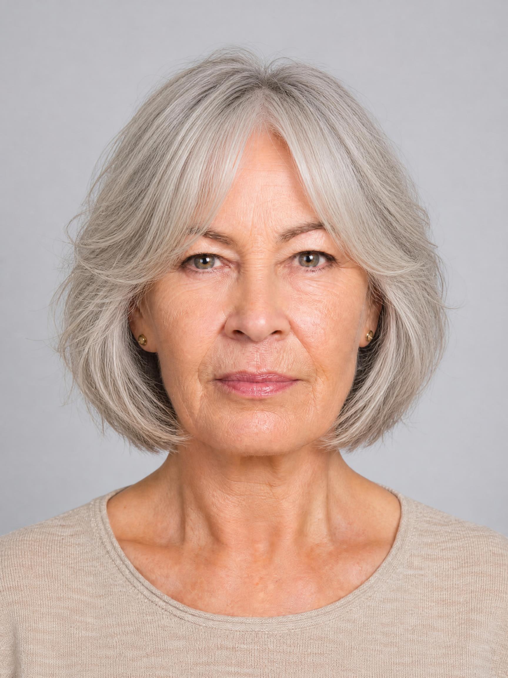 Mujer de unos 60 años con bob a la mandíbula y flequillo cortina, cabello gris plateado con movimiento