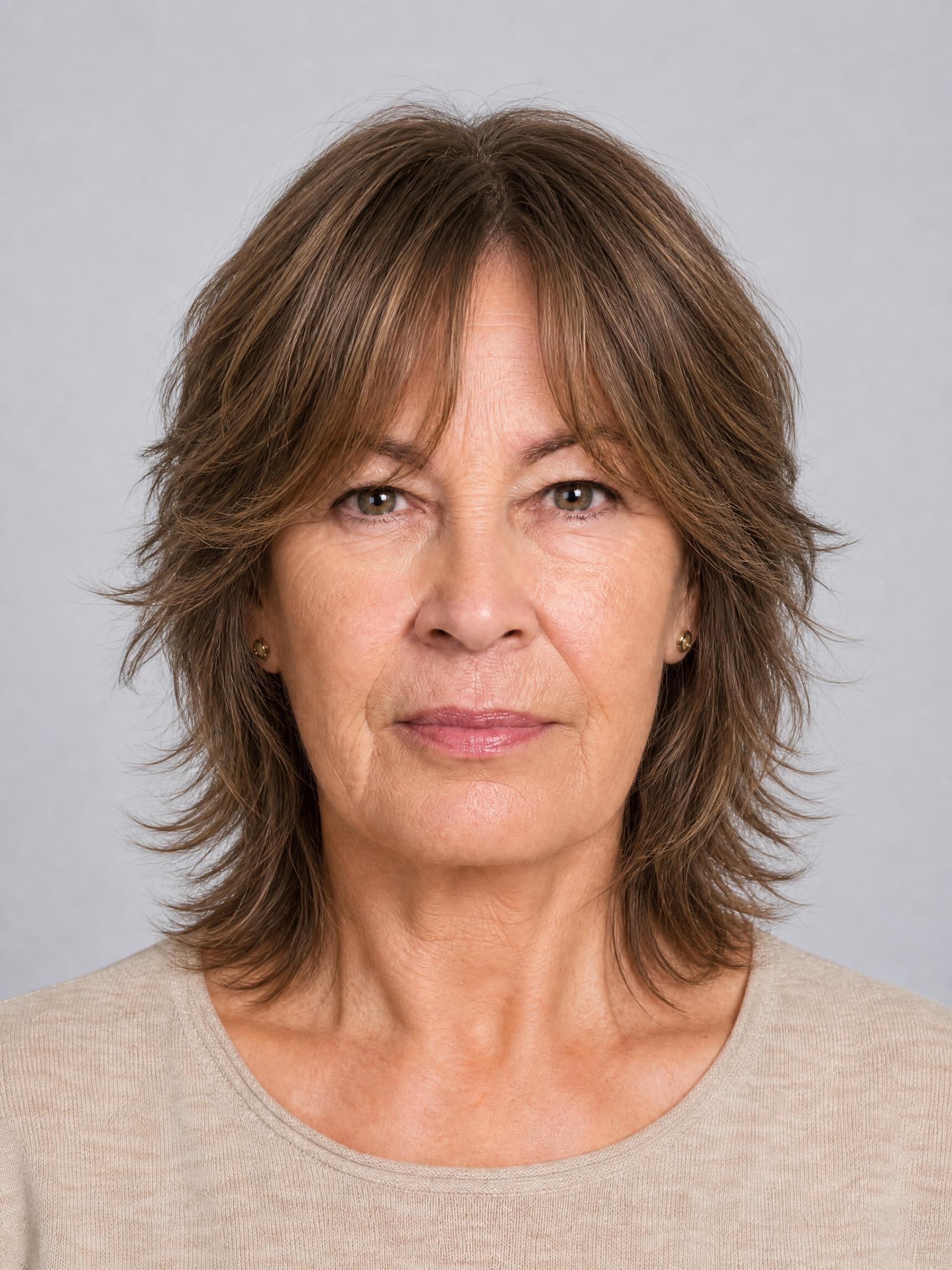 Mujer de unos 50 años con corte shaggy de capas desfiladas alrededor del rostro y flequillo cortina, castaño medio