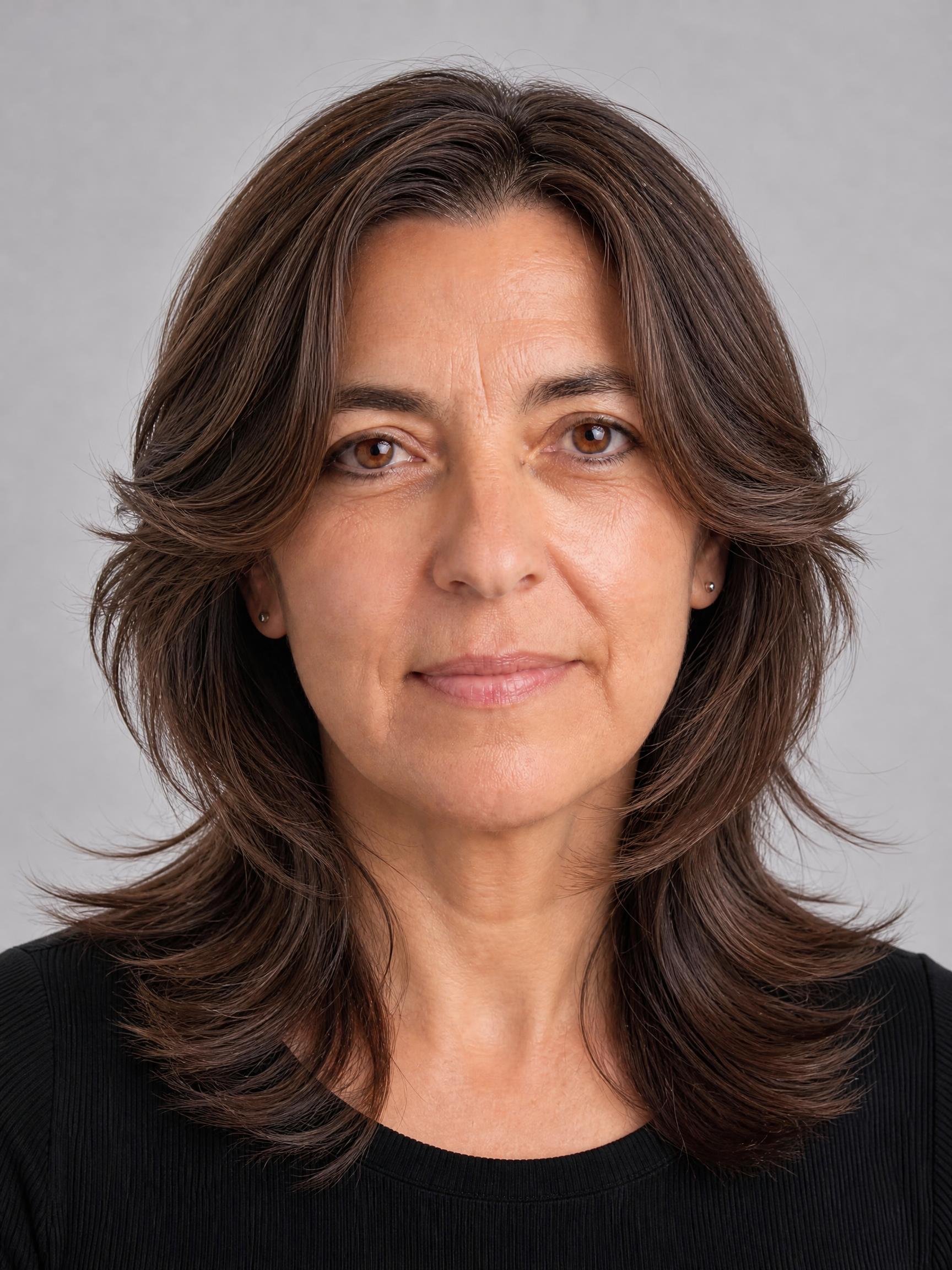 Mujer de unos 50 años con corte mariposa de capas largas que enmarcan el rostro como alas, melena castaña con movimiento