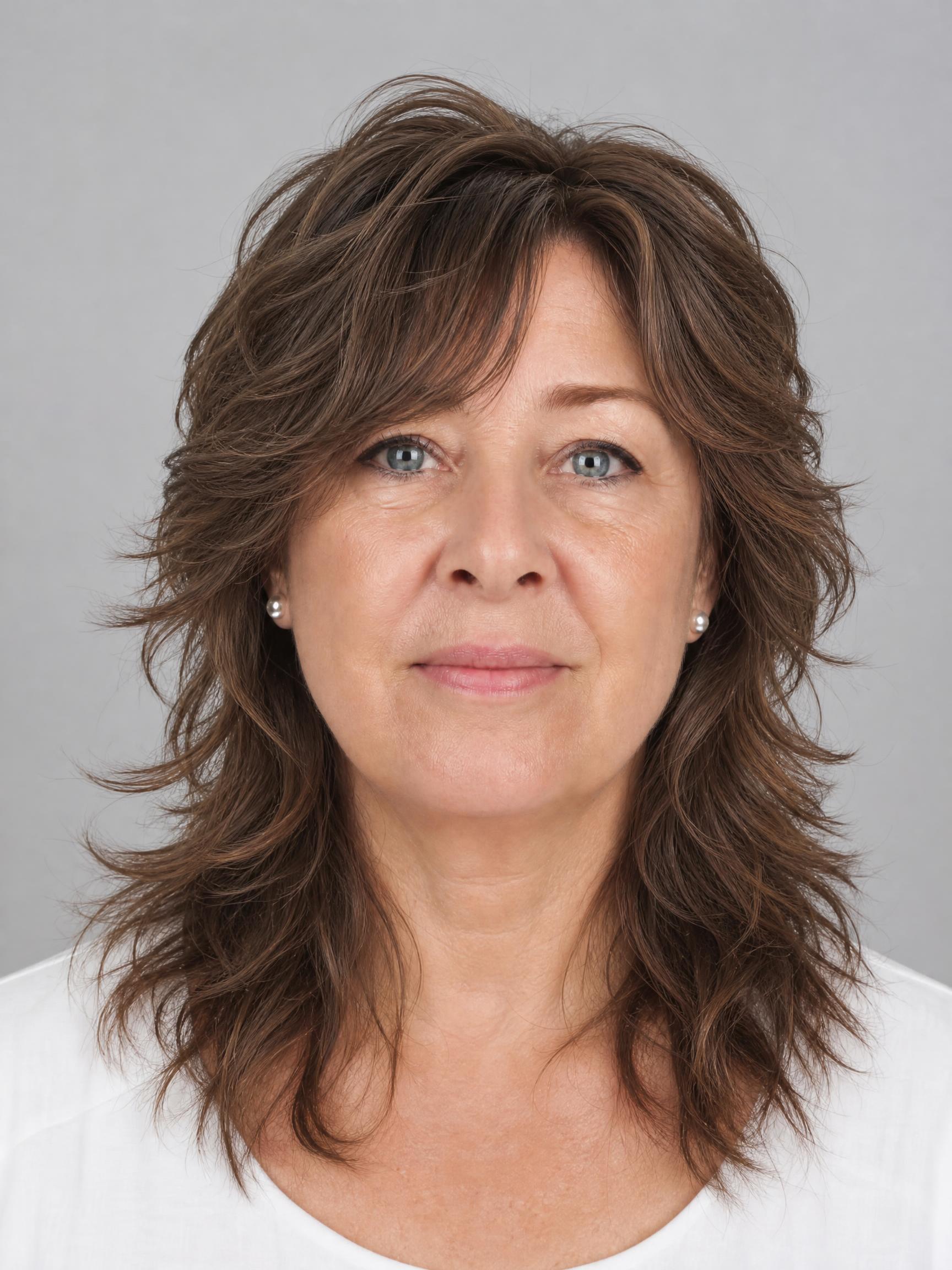 Mujer de unos 50 años con wolf cut de capas abundantes en la coronilla y puntas desfiladas, cabello ondulado castaño