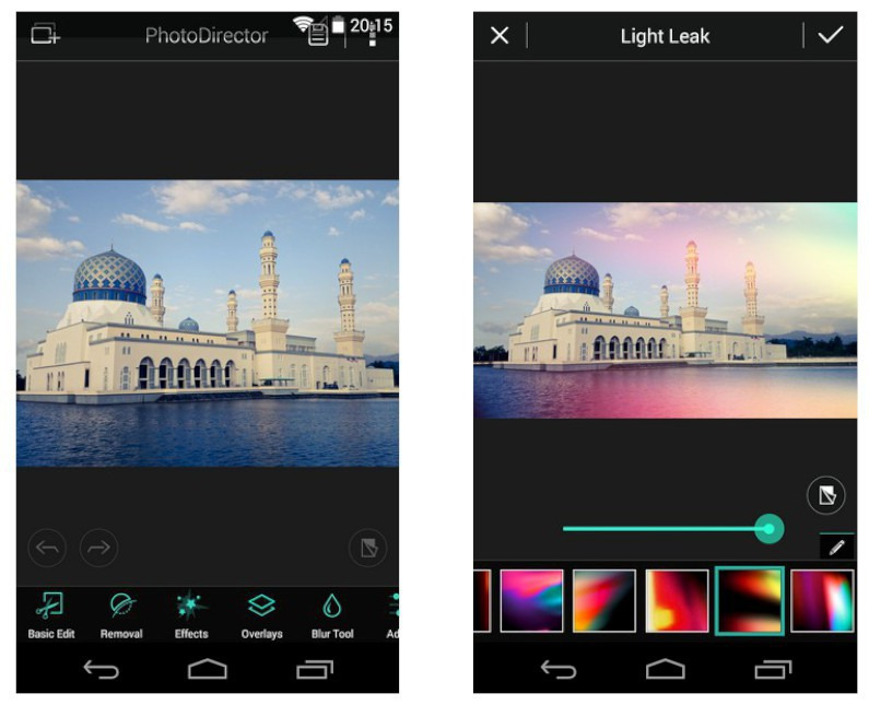 comparison picture between images with and without light leak effect