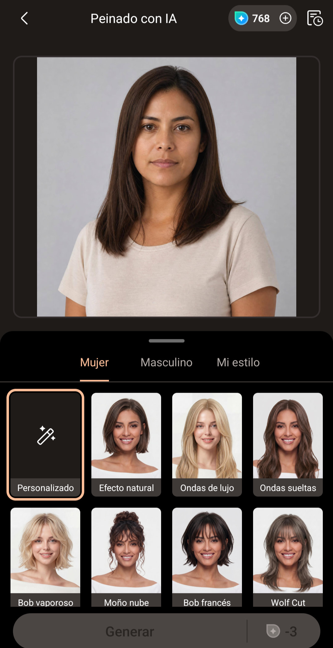 Panel Personalizado de Peinado IA con los selectores de sexo, largo del pelo y color, y el campo de descripción del tono