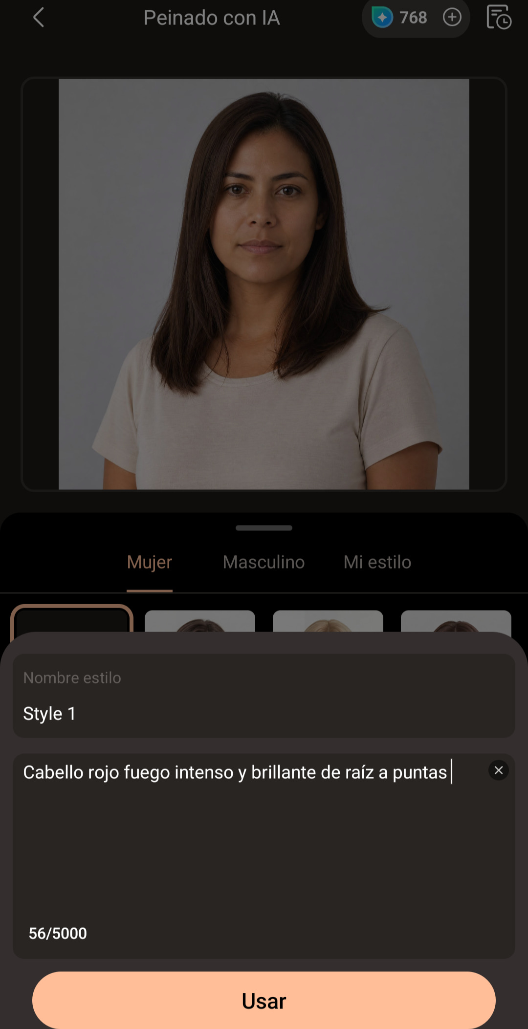 Pantalla de Peinado IA con el botón Guardar y generar y la vista previa del tono rojo aplicado al retrato