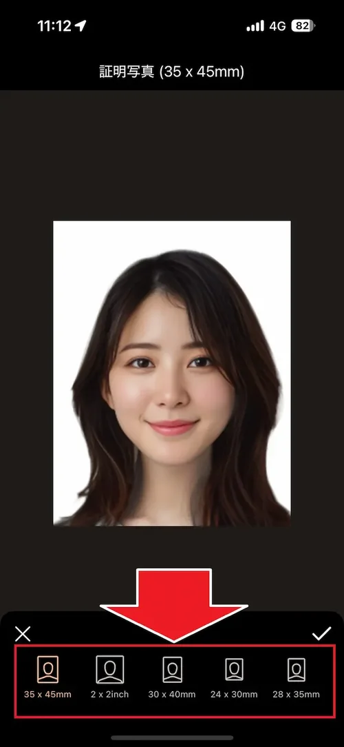 PhotoDirector 証明写真 作成サイズ 選択画面