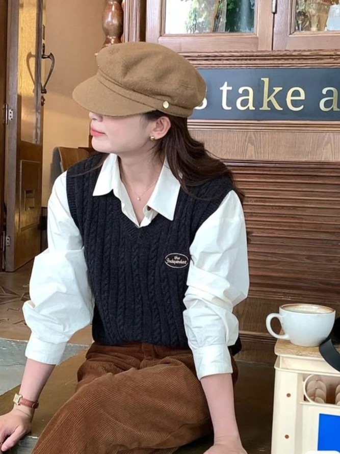 針織背心+襯衫女