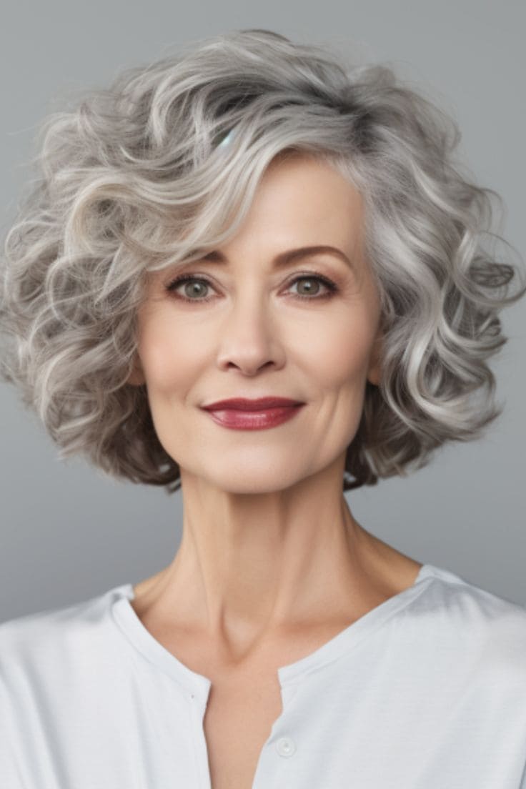 Carré bouclé court femme 60 ans, coiffure anti-âge tendance 2025