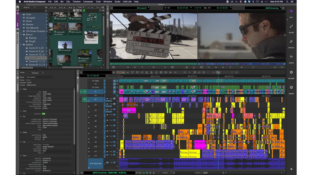 Interfaz de Avid Media Composer con los contenedores de proyecto y la ventana de origen y grabación