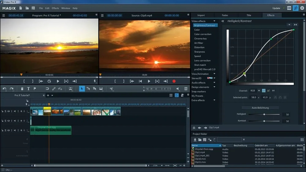 Interfaz de MAGIX Video Pro X17 con la línea de tiempo y el panel de gradación de color
