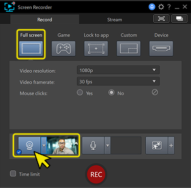 Select Full Screen and Webcam