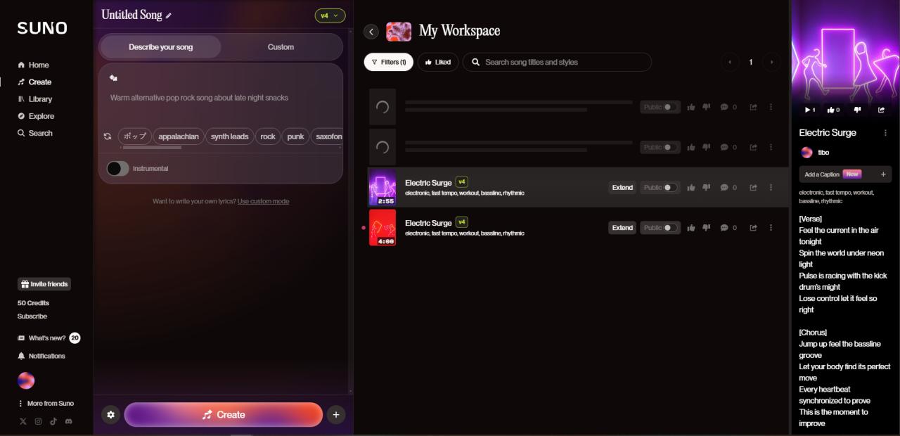 interface en anglais de Suno AI