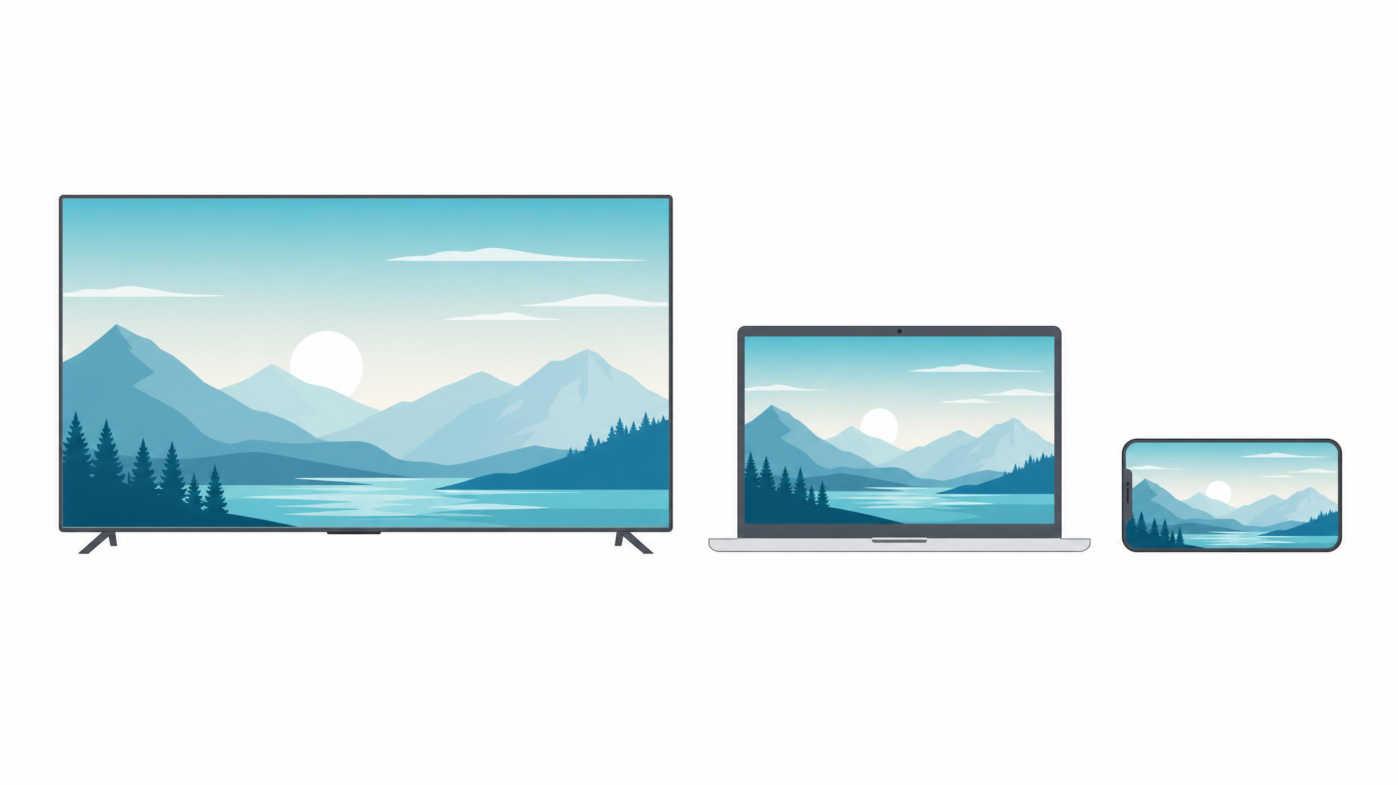 Televisor, portátil y móvil en horizontal mostrando la misma imagen con pantallas de idéntica proporción y tamaños distintos