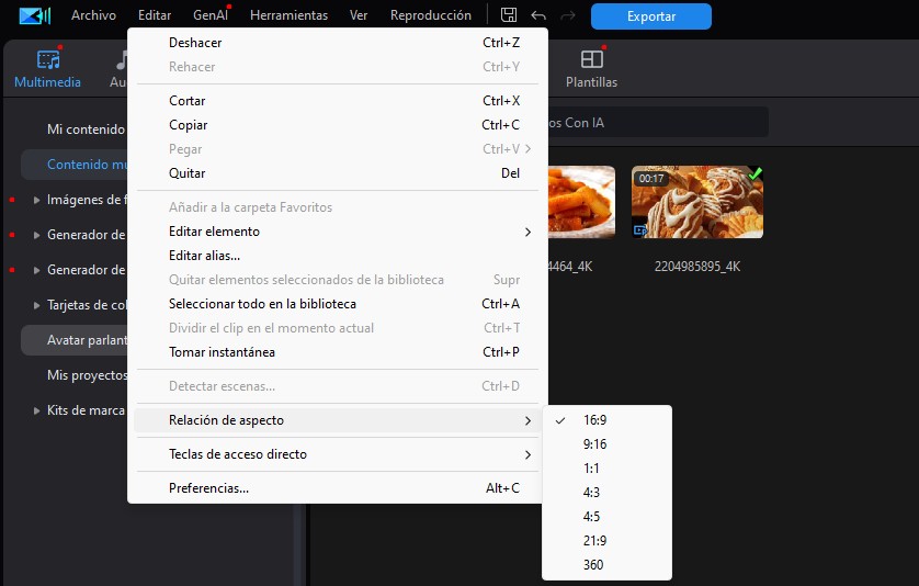 Menú Editar de PowerDirector abierto en Relación de aspecto con la opción 16:9 marcada