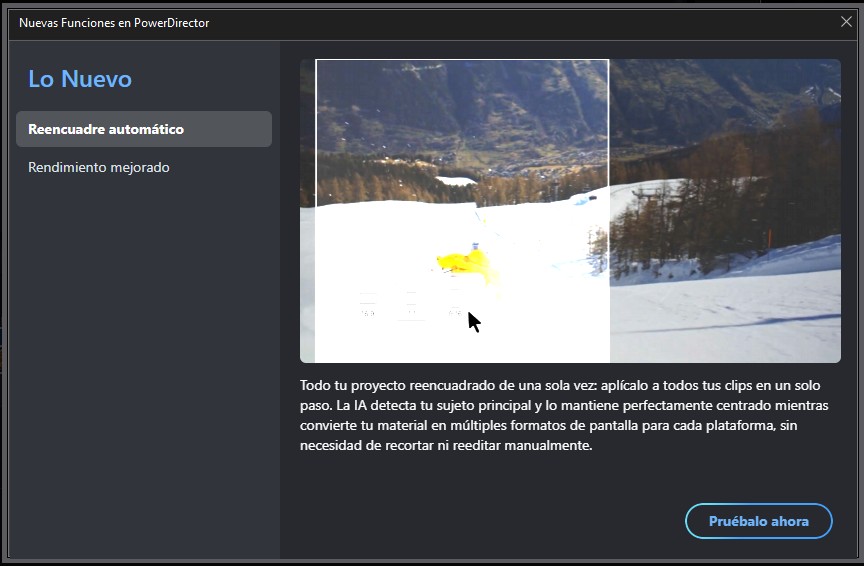 Aviso de nuevas funciones de PowerDirector 2026 con la descripción del Reencuadre automático