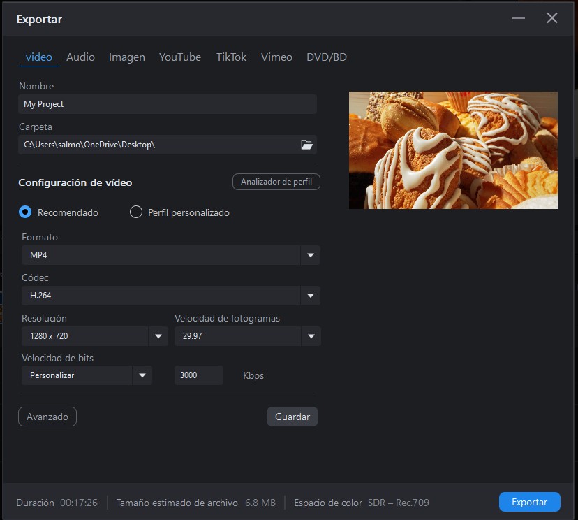 Diálogo de exportación de PowerDirector con formato MP4, códec H.264 y resolución 1280 x 720