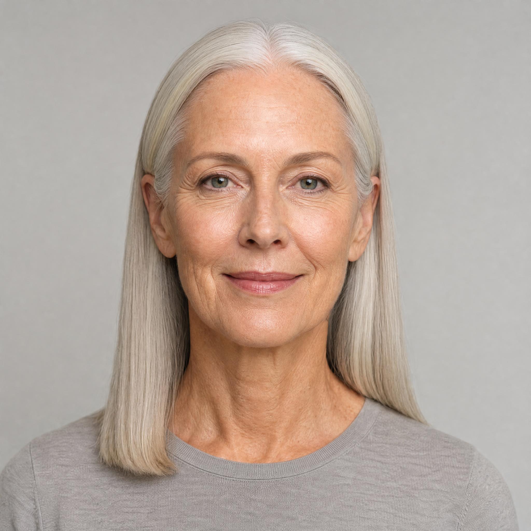 Base portrait with a long oblong face shape and long unlayered hair, before any styling change