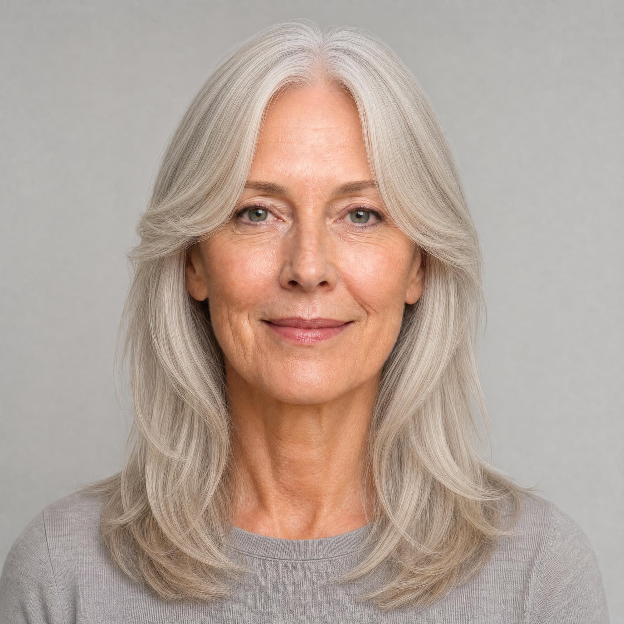 The same long-faced portrait after long layers with curtain bangs generated with AI Hairstyle