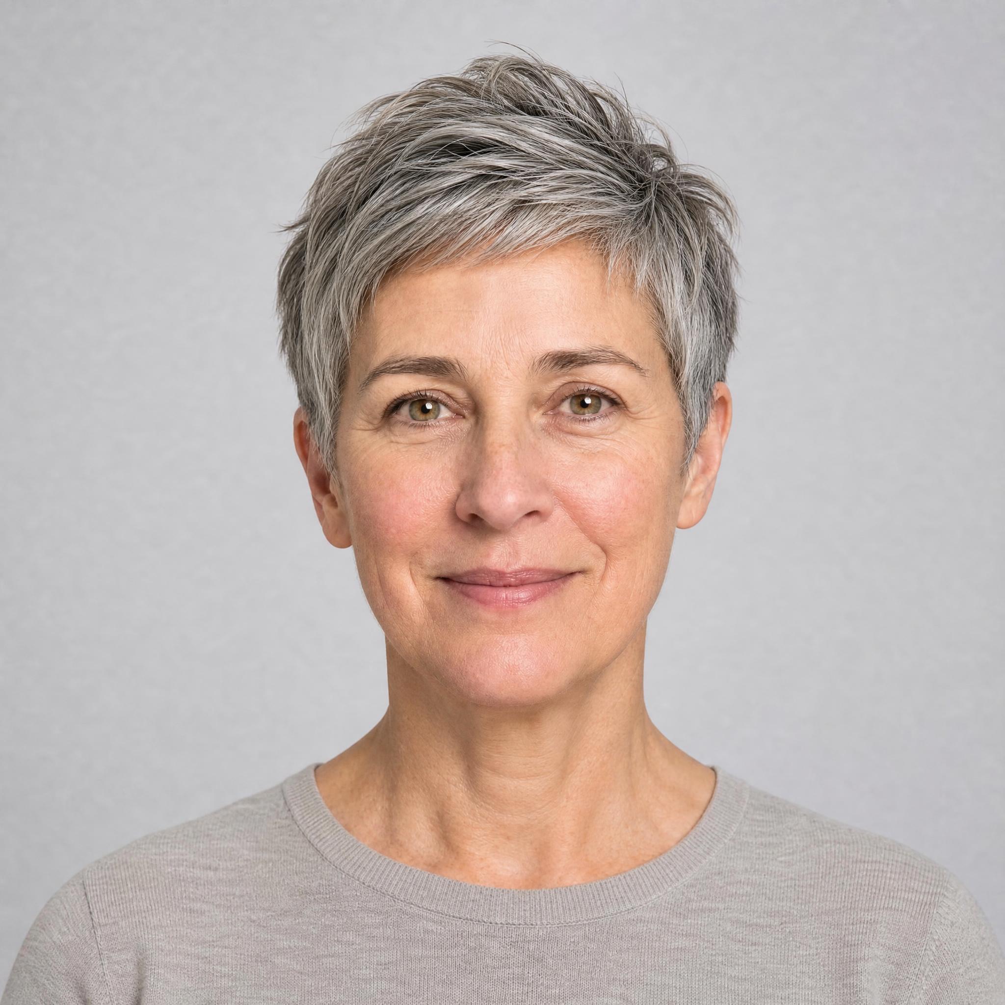 Short boyish crop simulated with AI Hairstyle, showing lift at the crown