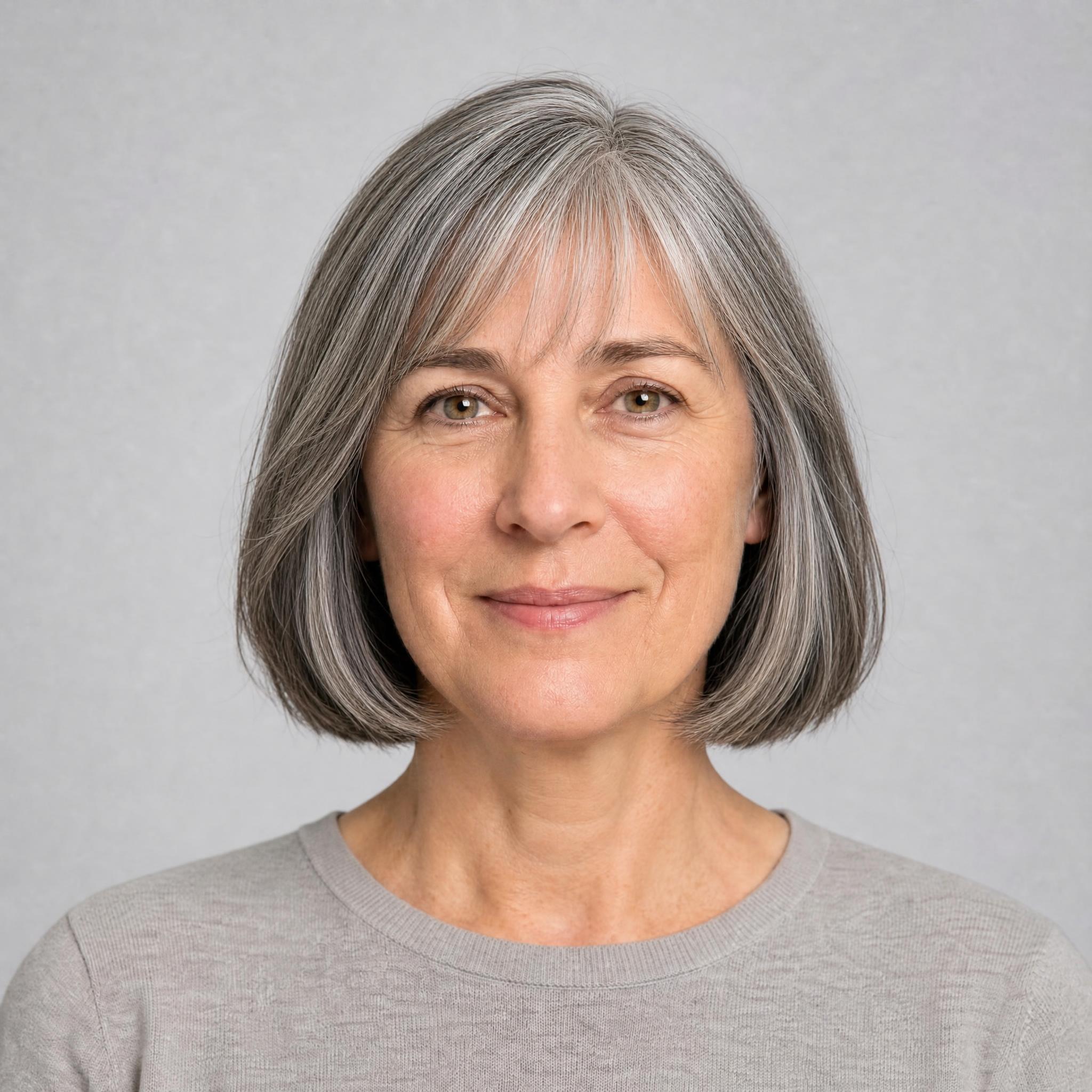 French bob with a wispy fringe simulated with AI Hairstyle at jaw length