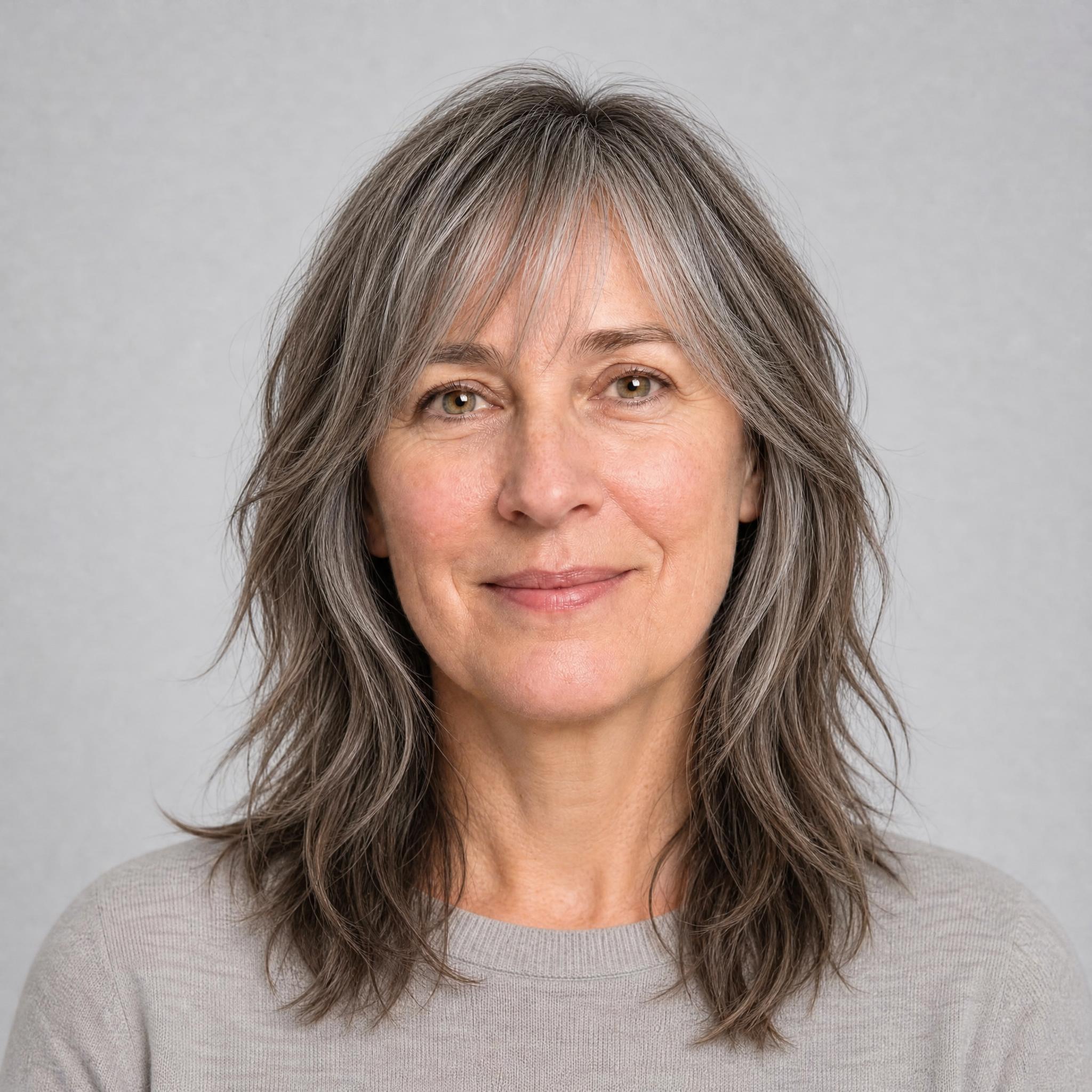 Modern shag with choppy layers and a fringe simulated with AI Hairstyle