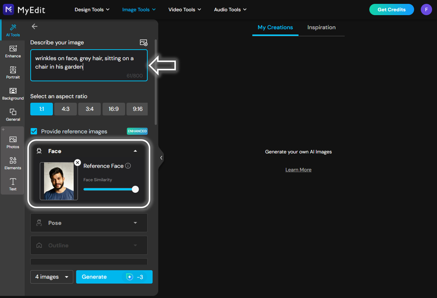 Tutorial - Make a face look older with MyEdit's AI - Step 2
