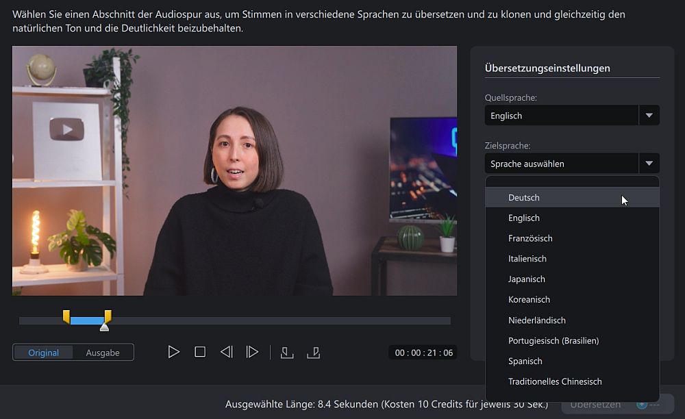 Zielsprache für die Videoübersetzung auswählen