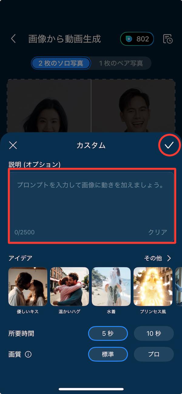 PowerDirector　画像から動画生成 カスタムの説明画面