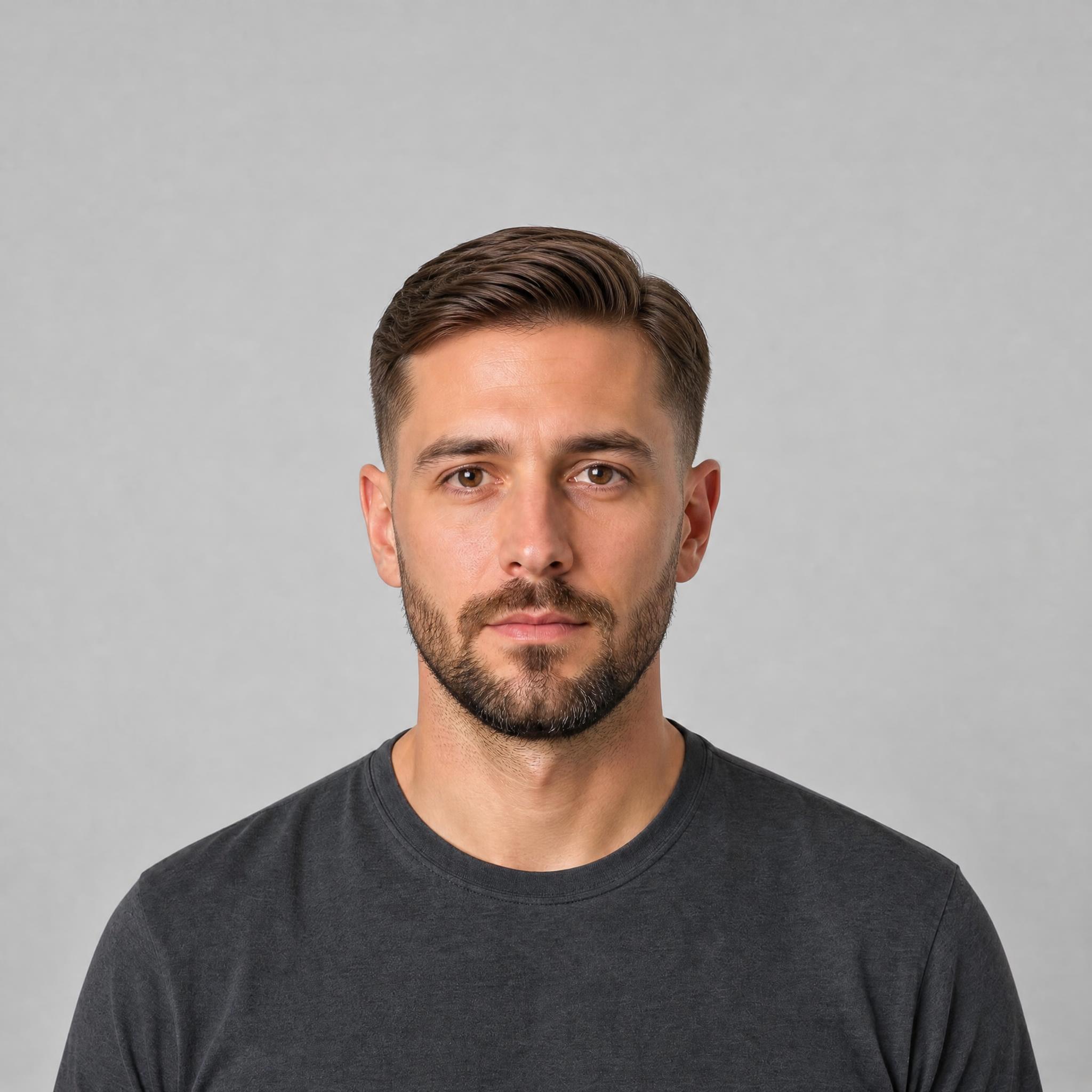 Simulación de corte Ivy League sobre un rostro ovalado con barba corta