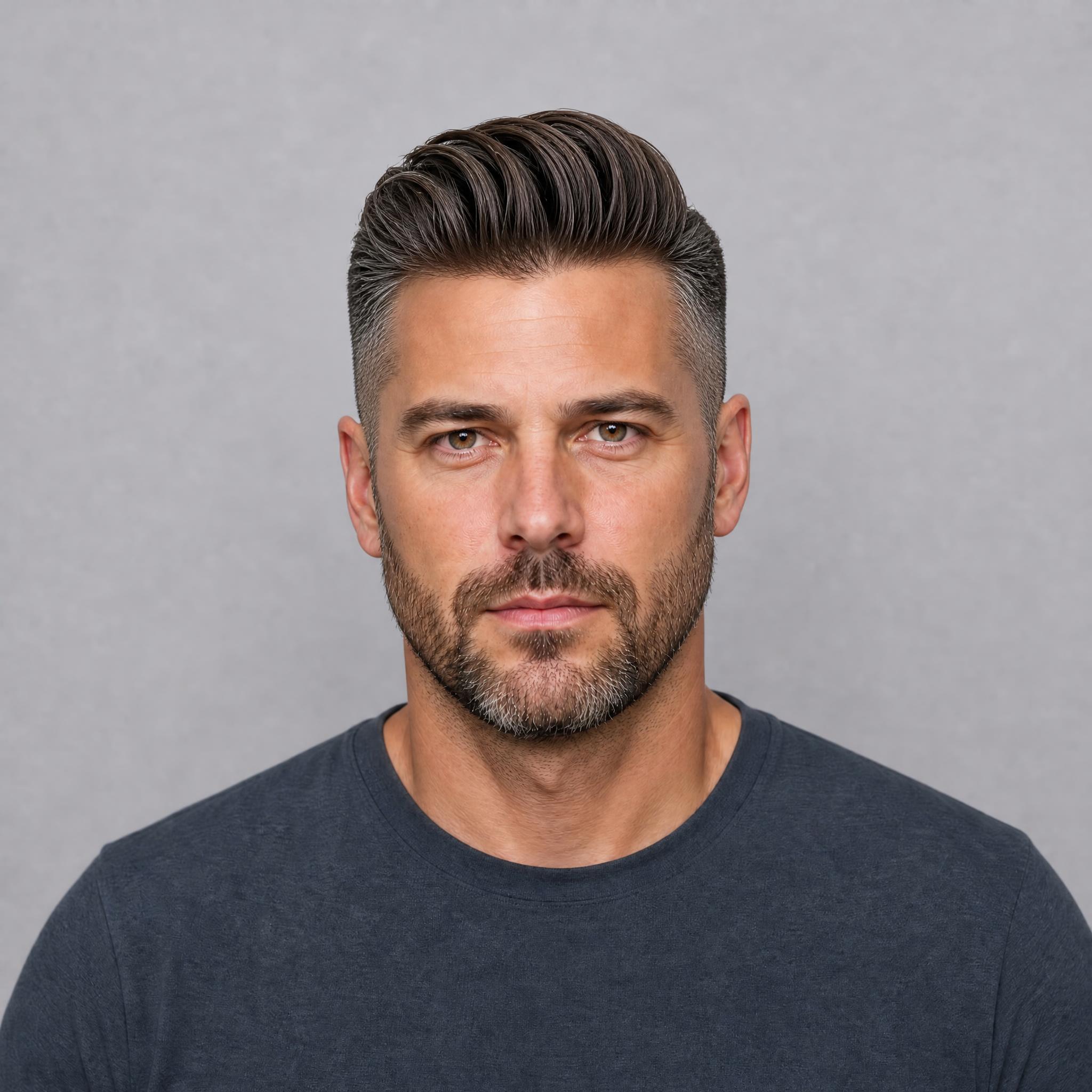 Simulación de pompadour corto con volumen sobre un rostro cuadrado