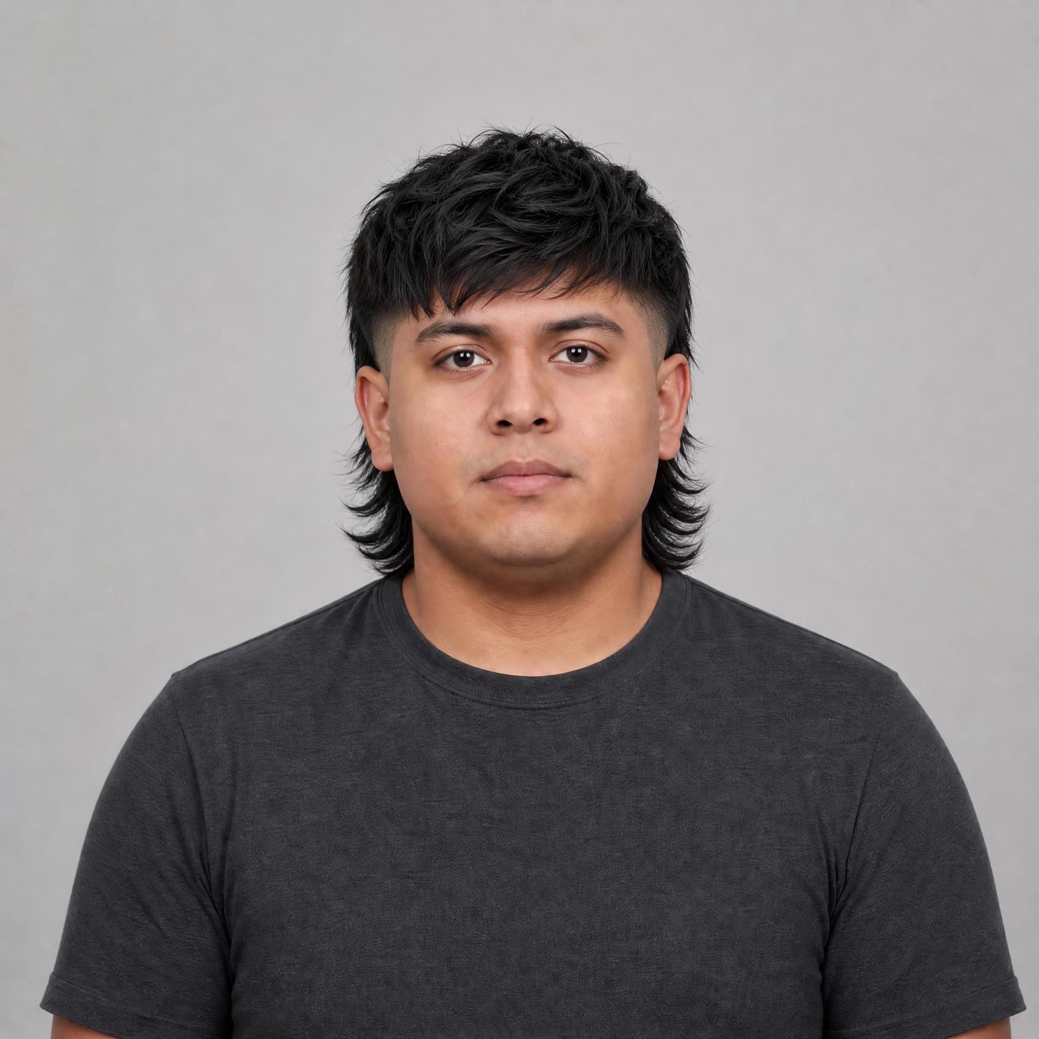 Simulación de mullet moderno con nuca larga sobre un rostro redondo