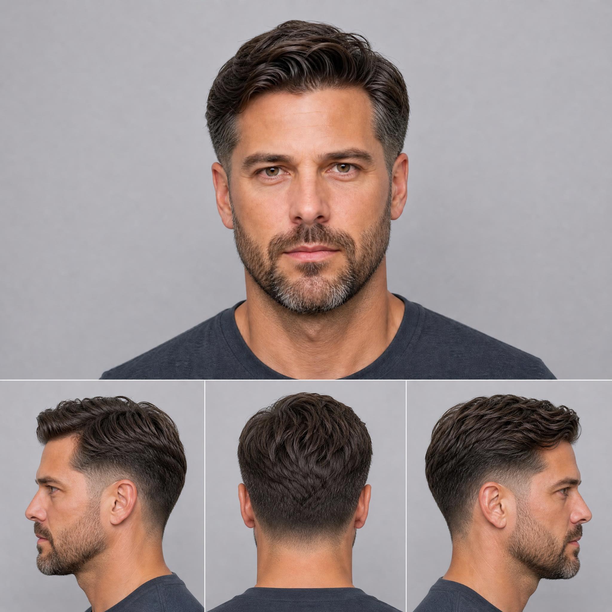 Simulación de taper fade sobre un rostro cuadrado con canas en las sienes
