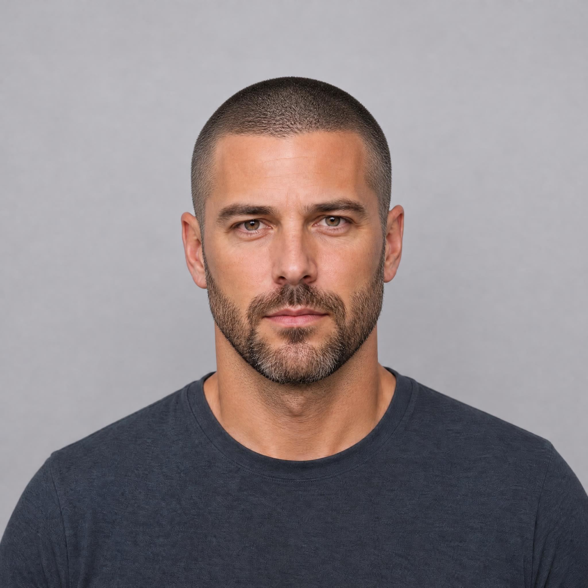 Simulación de buzz cut combinado con barba corta perfilada
