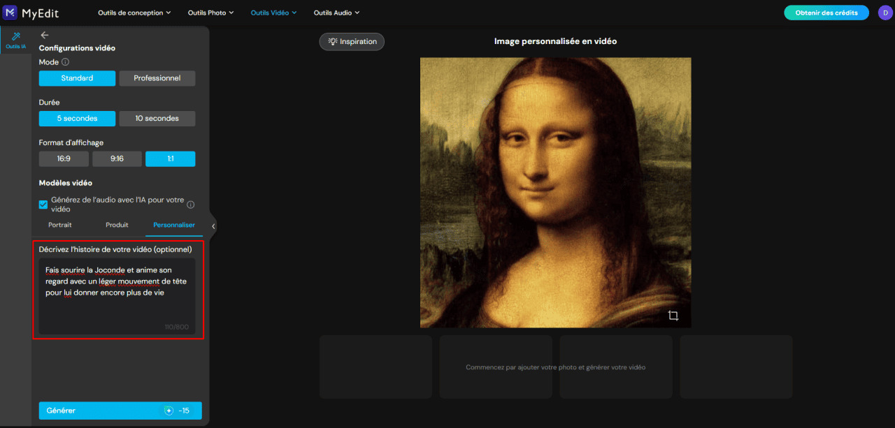 Animer une image avec l'IA en ligne avec MyEdit