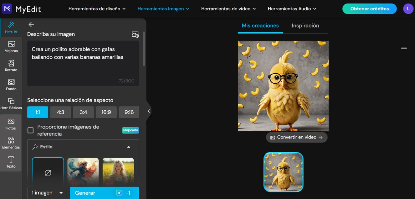 Interfaz del generador de imágenes con IA en MyEdit