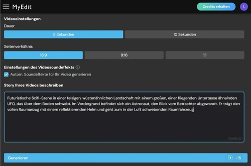 Die Text-zu-Video-Funktion in MyEdit bietet verschiedene Einstellungsmöglichkeiten