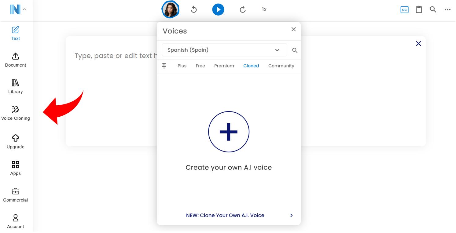 Opción para clonar voz en NaturalReader