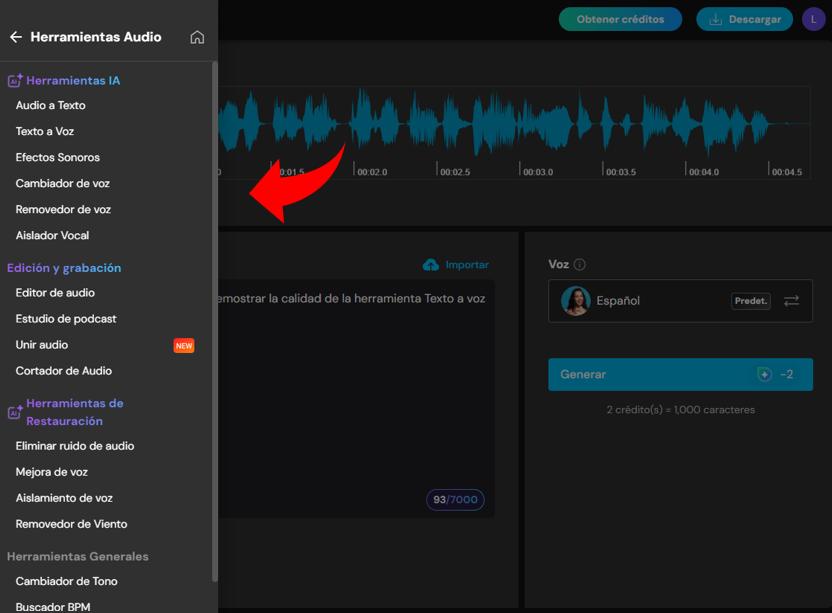 Menú con las herramientas de edición de audio de MyEdit