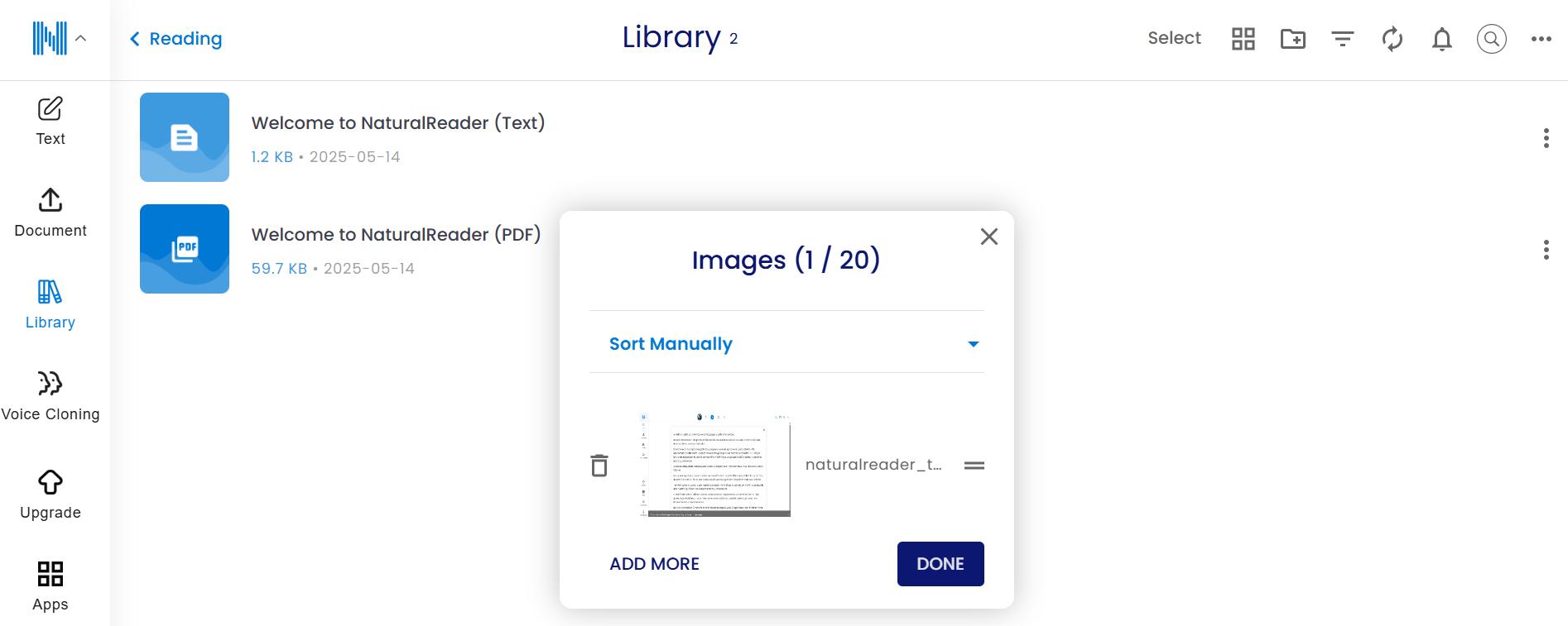 Opción para subir imágenes a NaturalReader