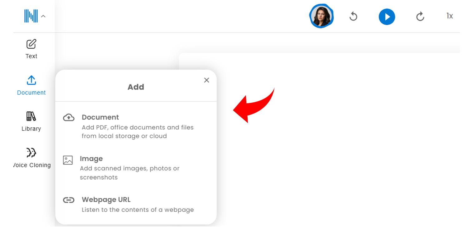 Menú para subir archivo o páginas web a NaturalReader