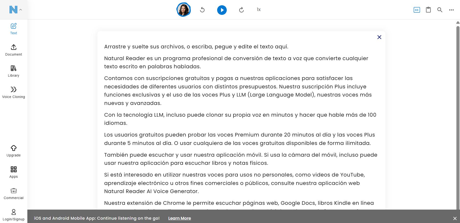 Interfaz de la herramienta NaturalReader