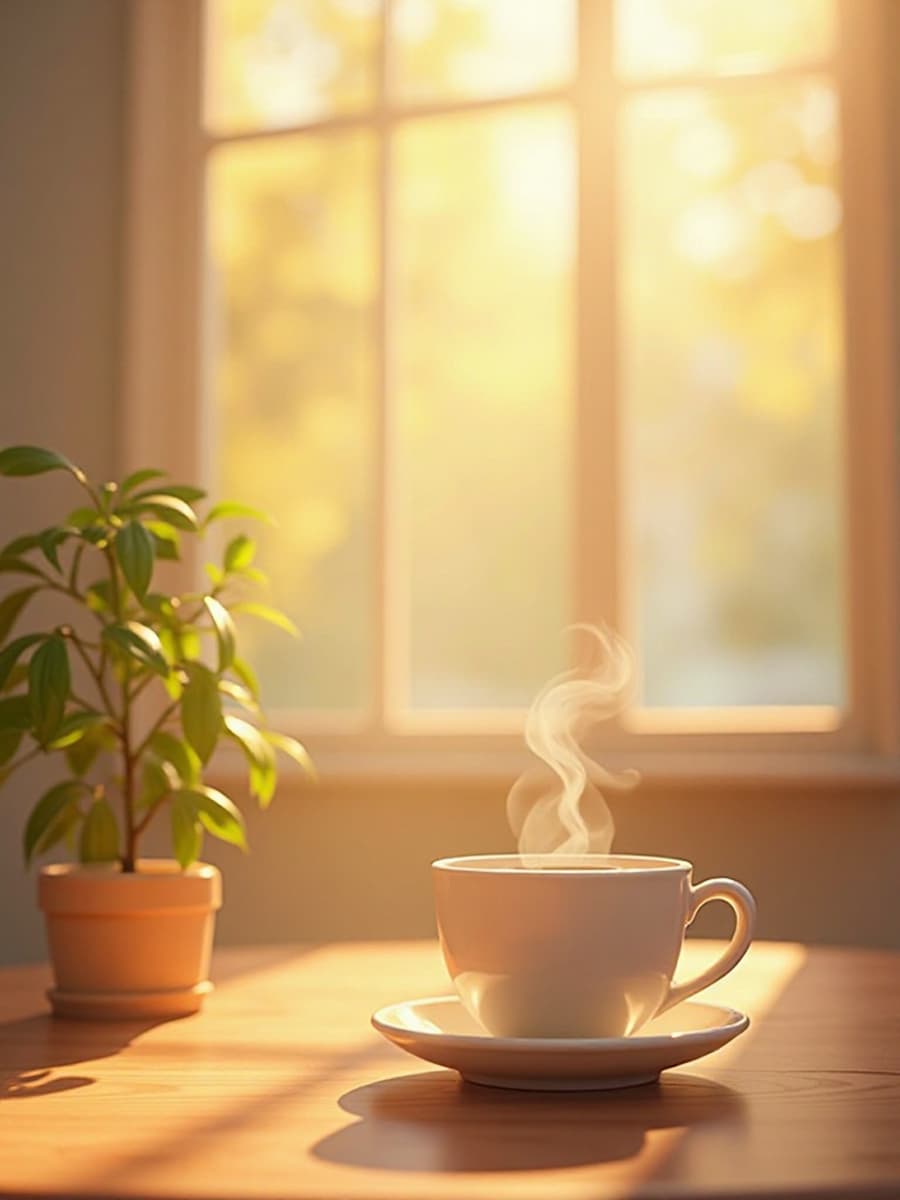 Gemütliche Morgenszene mit Sonnenlicht und Kaffeetasse auf Holztisch