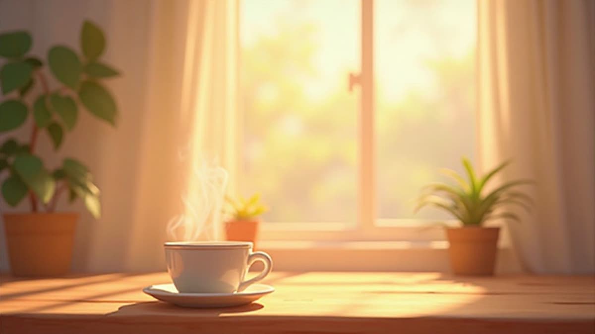 Gemütliche Morgenszene mit Sonnenlicht und Kaffeetasse auf Holztisch