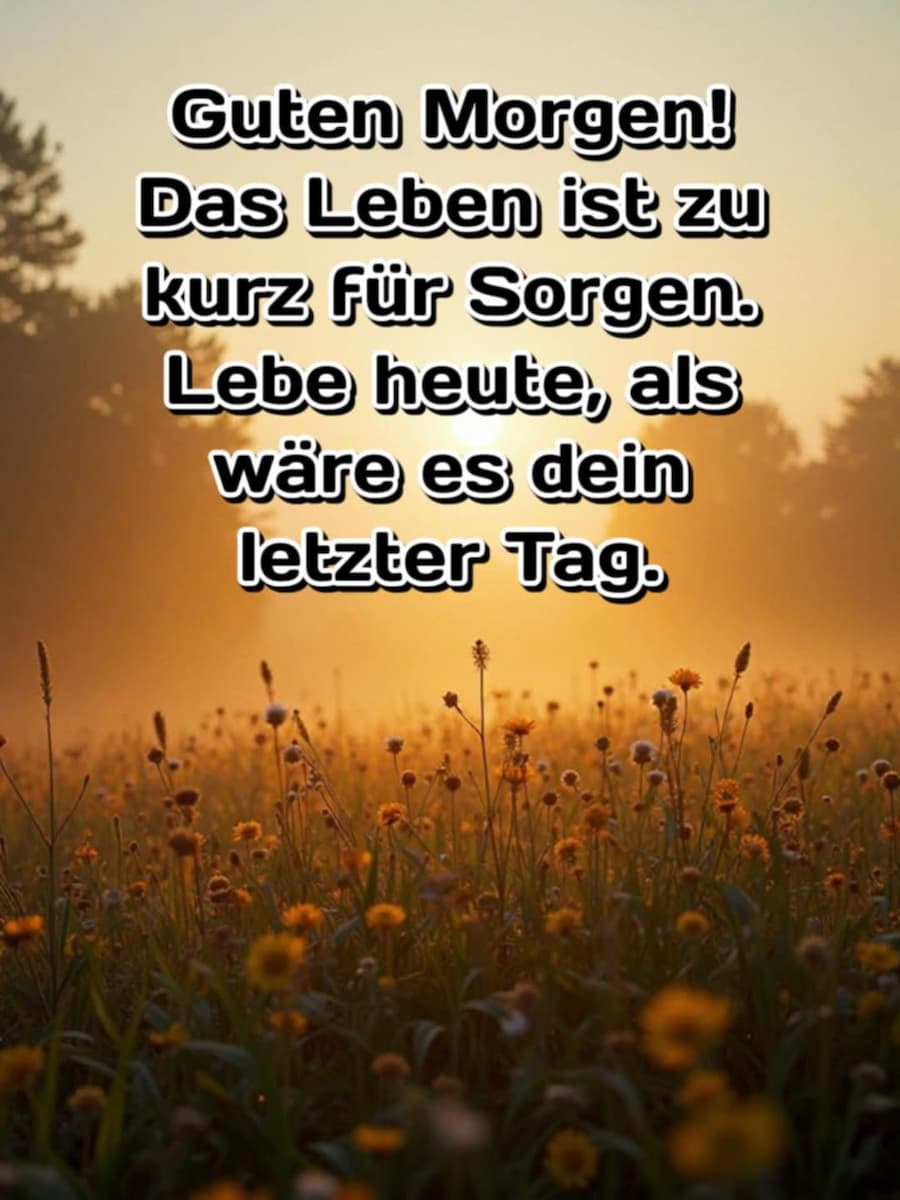 Guten Morgen Bild mit Gruß: 'Guten Morgen! Das Leben ist zu kurz für Sorgen. Lebe heute, als wäre es dein letzter Tag.'